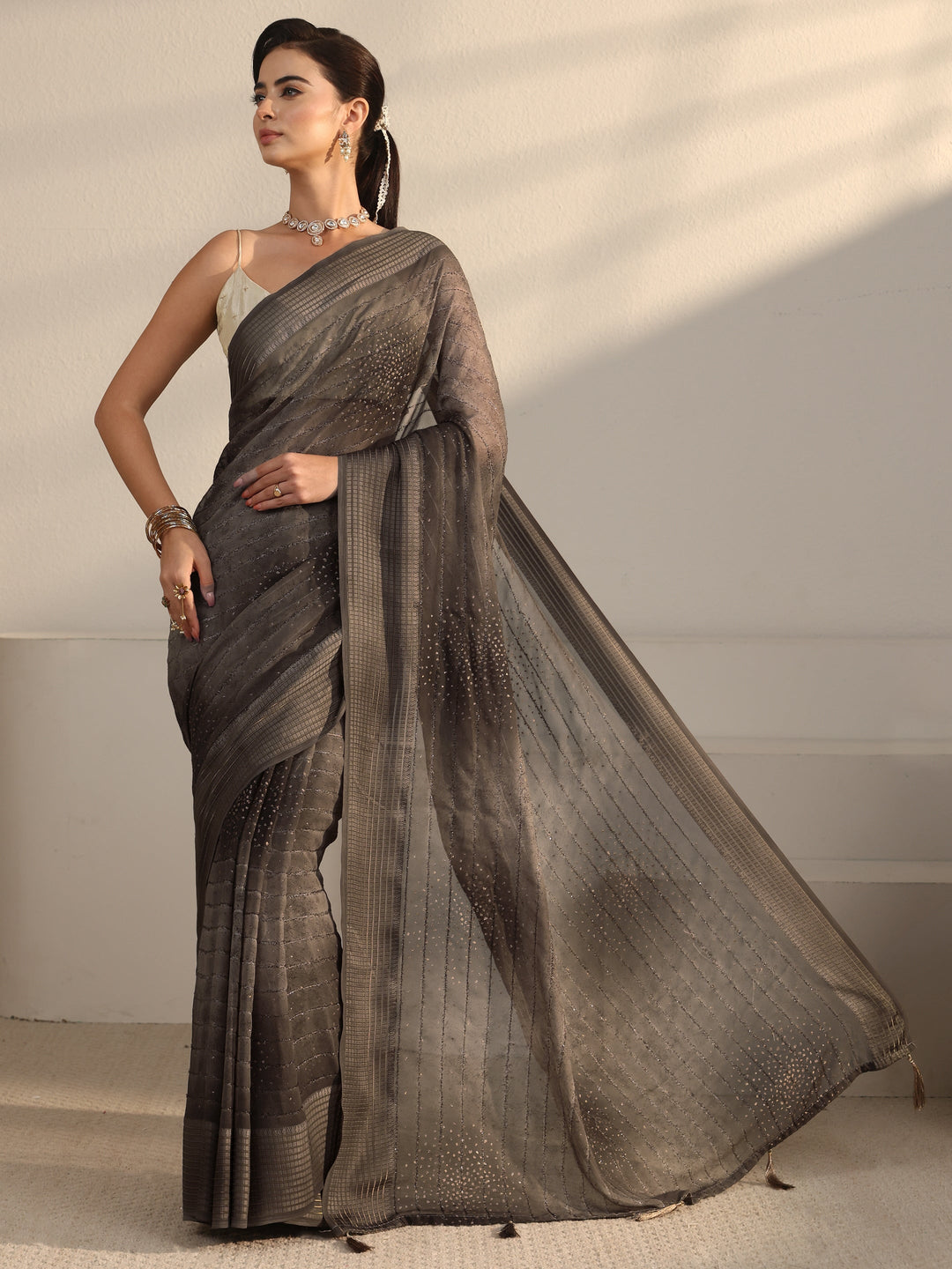 Libas Grey Striped Georgette Tassel Saree with Embellishments