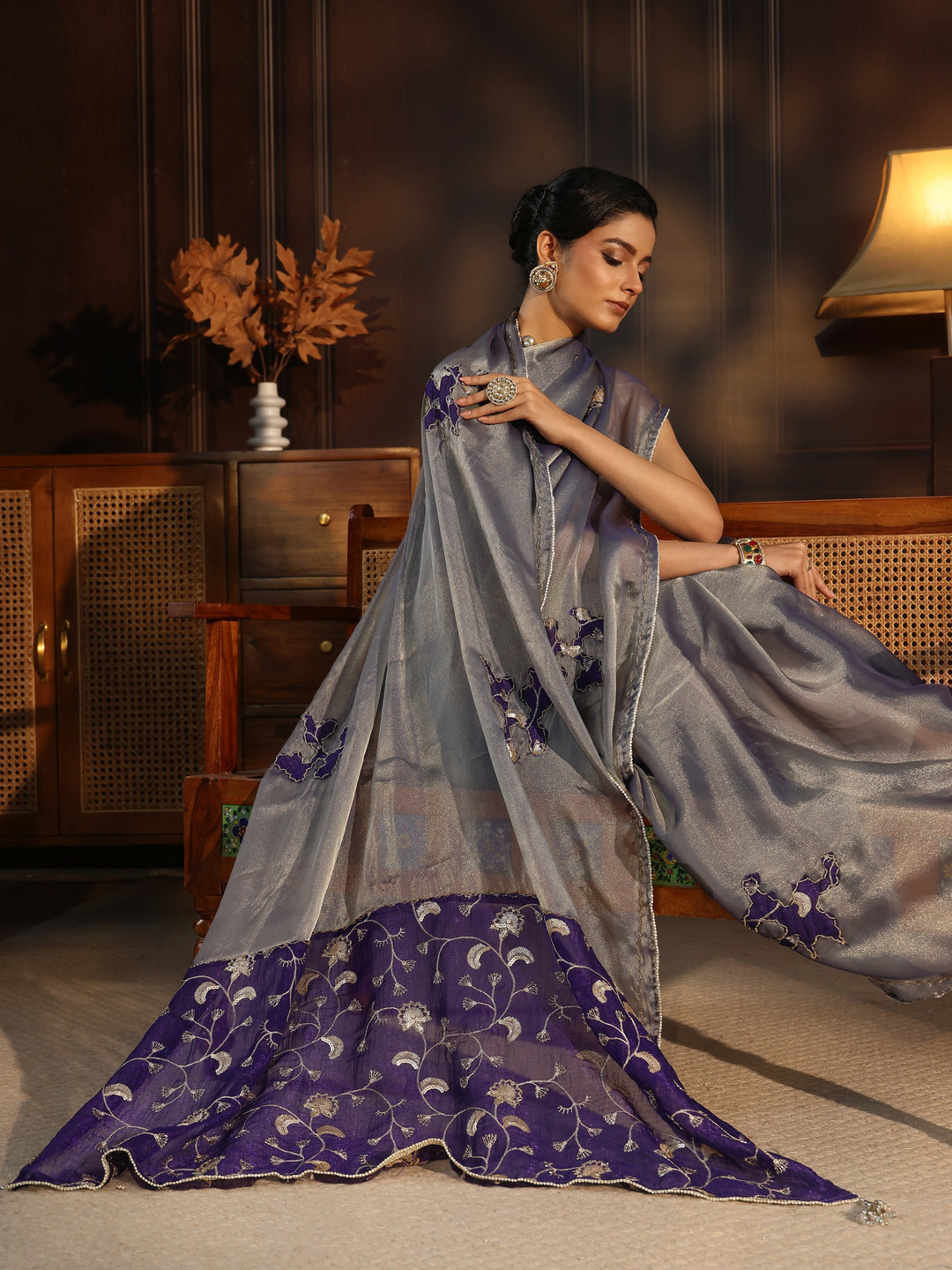 Libas Grey Tissue Saree with Embellished Pallu