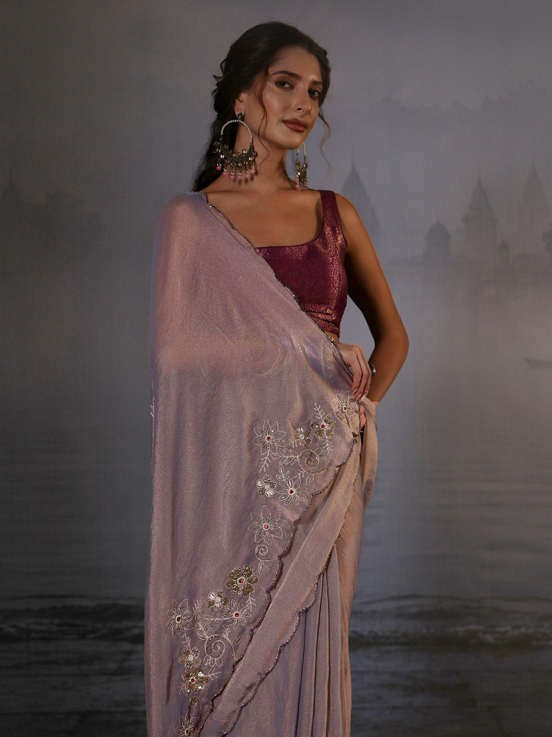 Libas Grey Tissue Saree with Embroidered Pallu