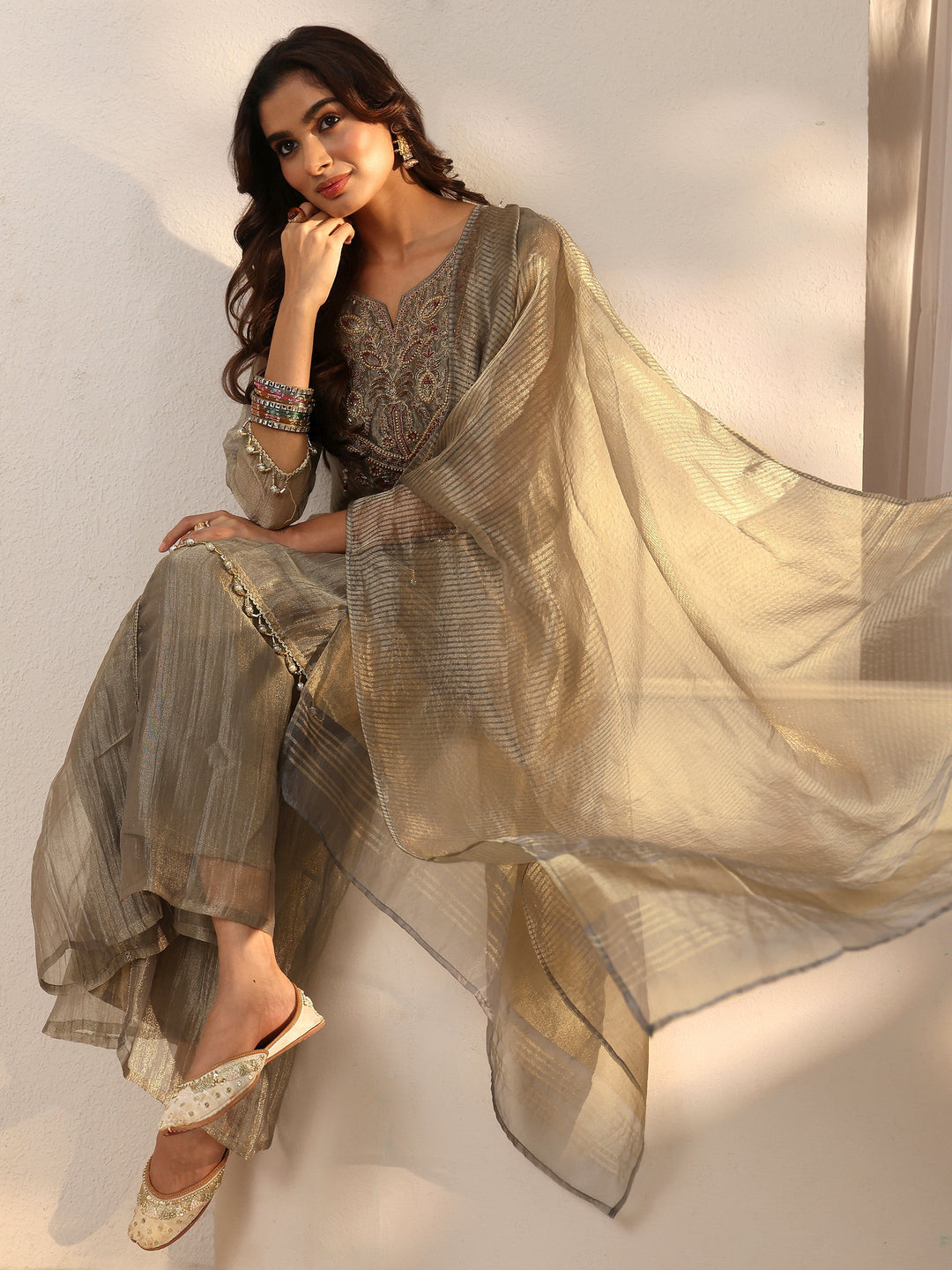 Libas Grey Yoke Design Embroidered Tissue Palazzo Suit Set