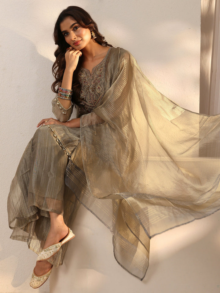 Libas Grey Yoke Design Embroidered Tissue Palazzo Suit Set