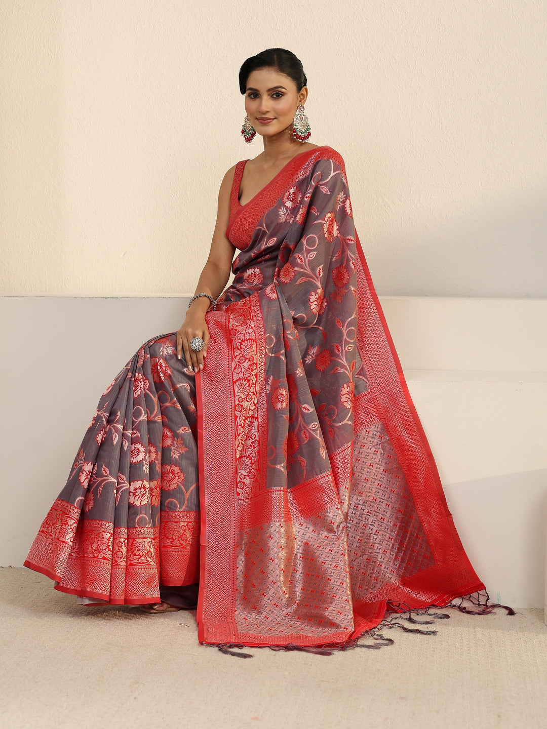 Libas Grey and Red Floral Printed Cotton Blend Saree