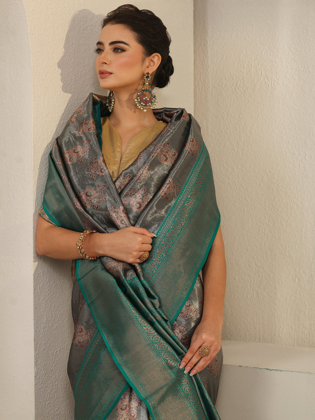 Libas Grey and Teal Green Floral Woven Design Silk Blend Saree