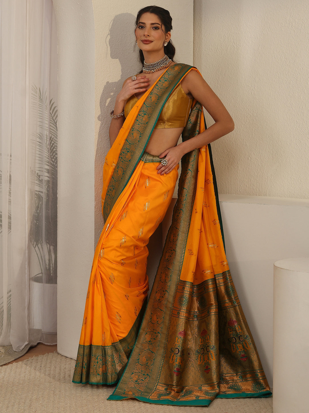 Libas Haldi Yellow and Green Silk Blend Paithani Saree