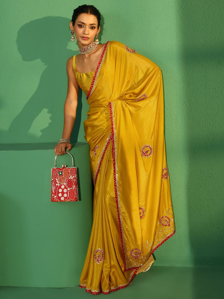Libas Henna Green Applique Work Embellished Satin Saree