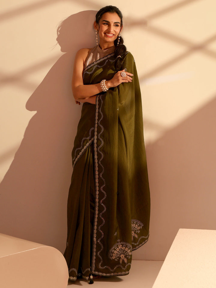 Libas Henna Green Embroidered Silk Blend Saree