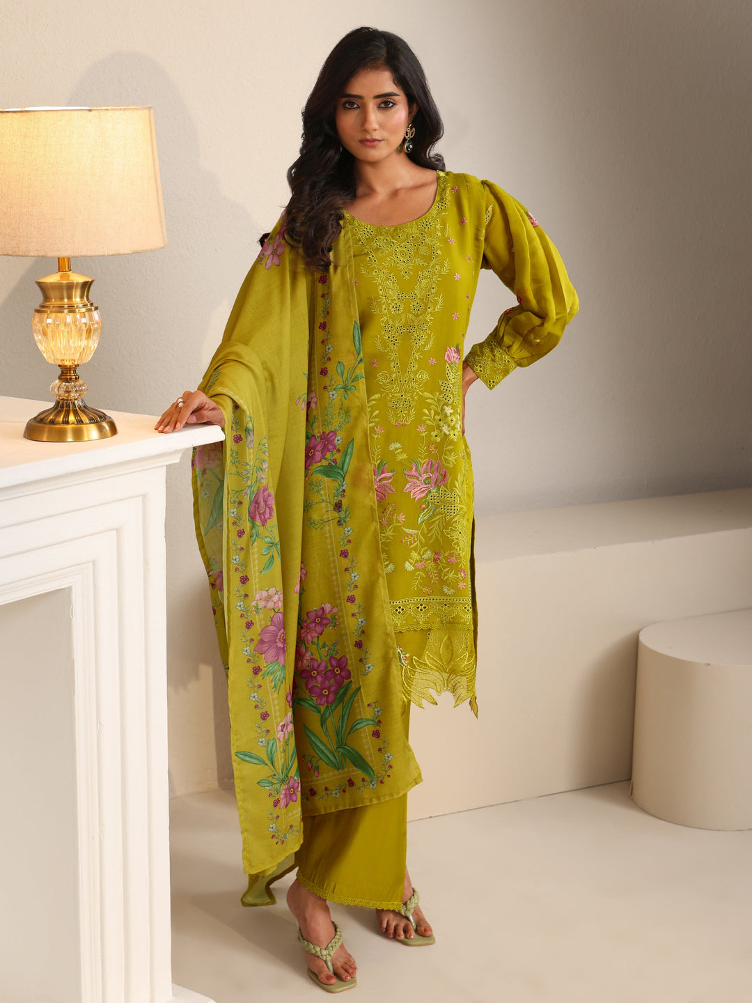 Libas Henna Green Floral Embroidered Chanderi Cotton Straight Suit Set