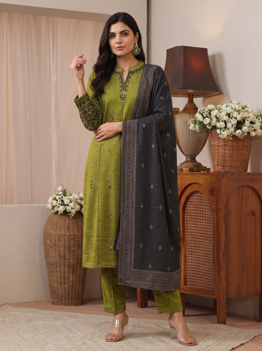 Libas Henna Green Floral Embroidered Wool Straight Suit Set