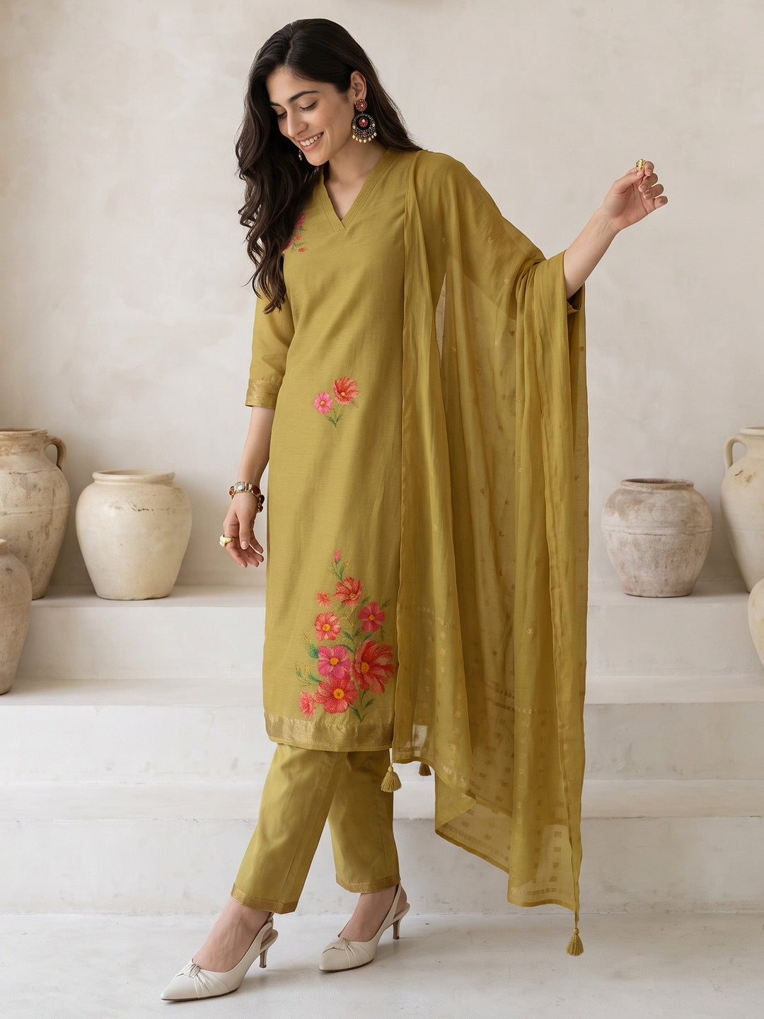 Libas Henna Green Floral Printed Silk Blend Straight Suit Set