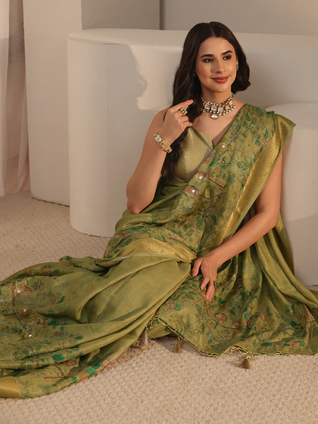 Libas Henna Green Floral Printed Silk Blend Tassel Saree