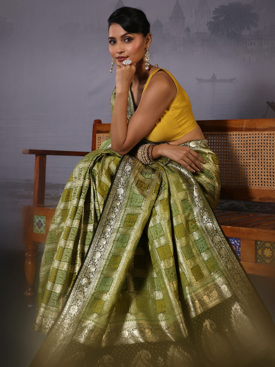 Libas Henna Green Gharchola Silk Blend Saree with Paisley Weave Pallu