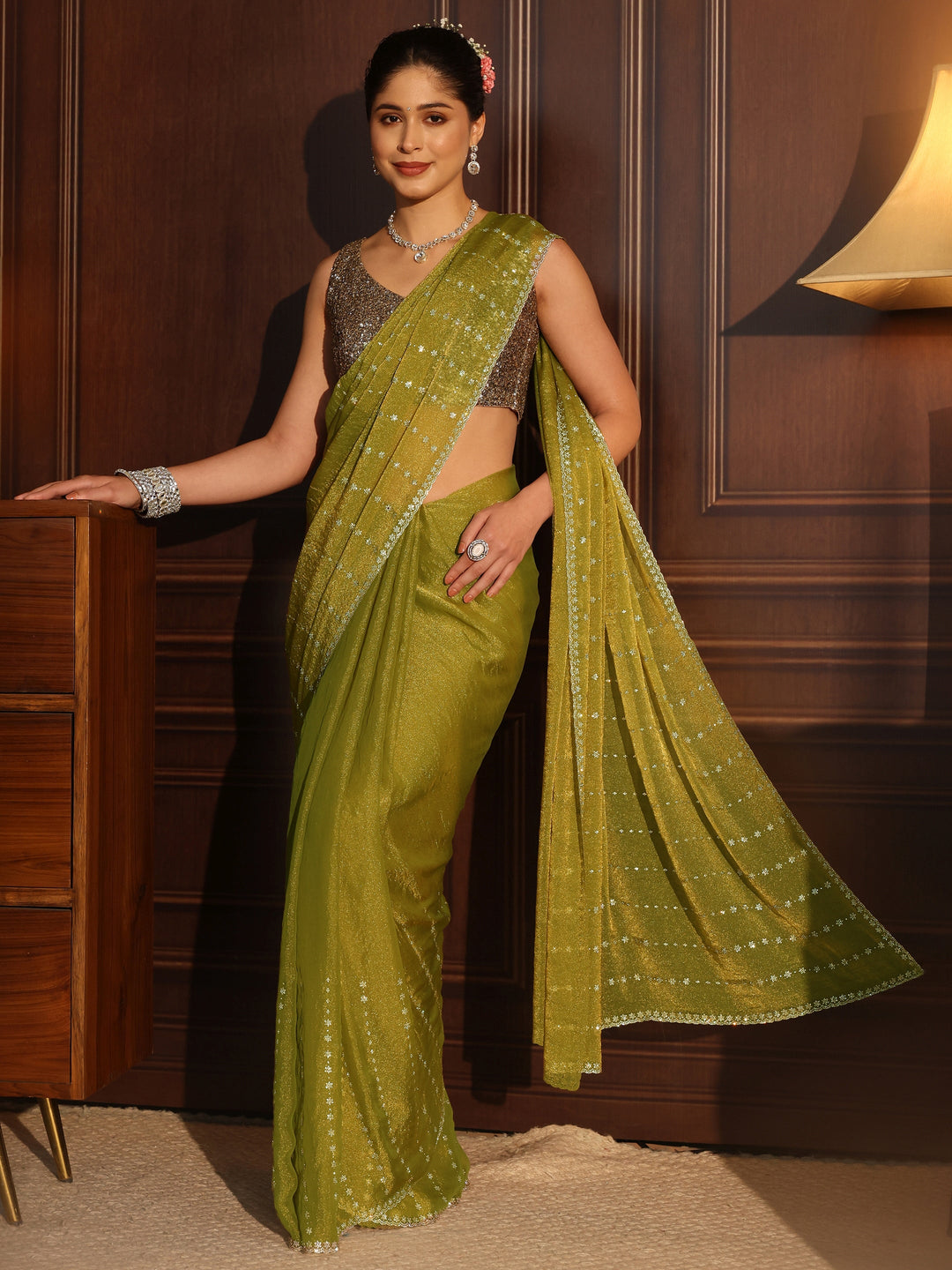 Libas Henna Green Stone Work Embellished Tissue Saree