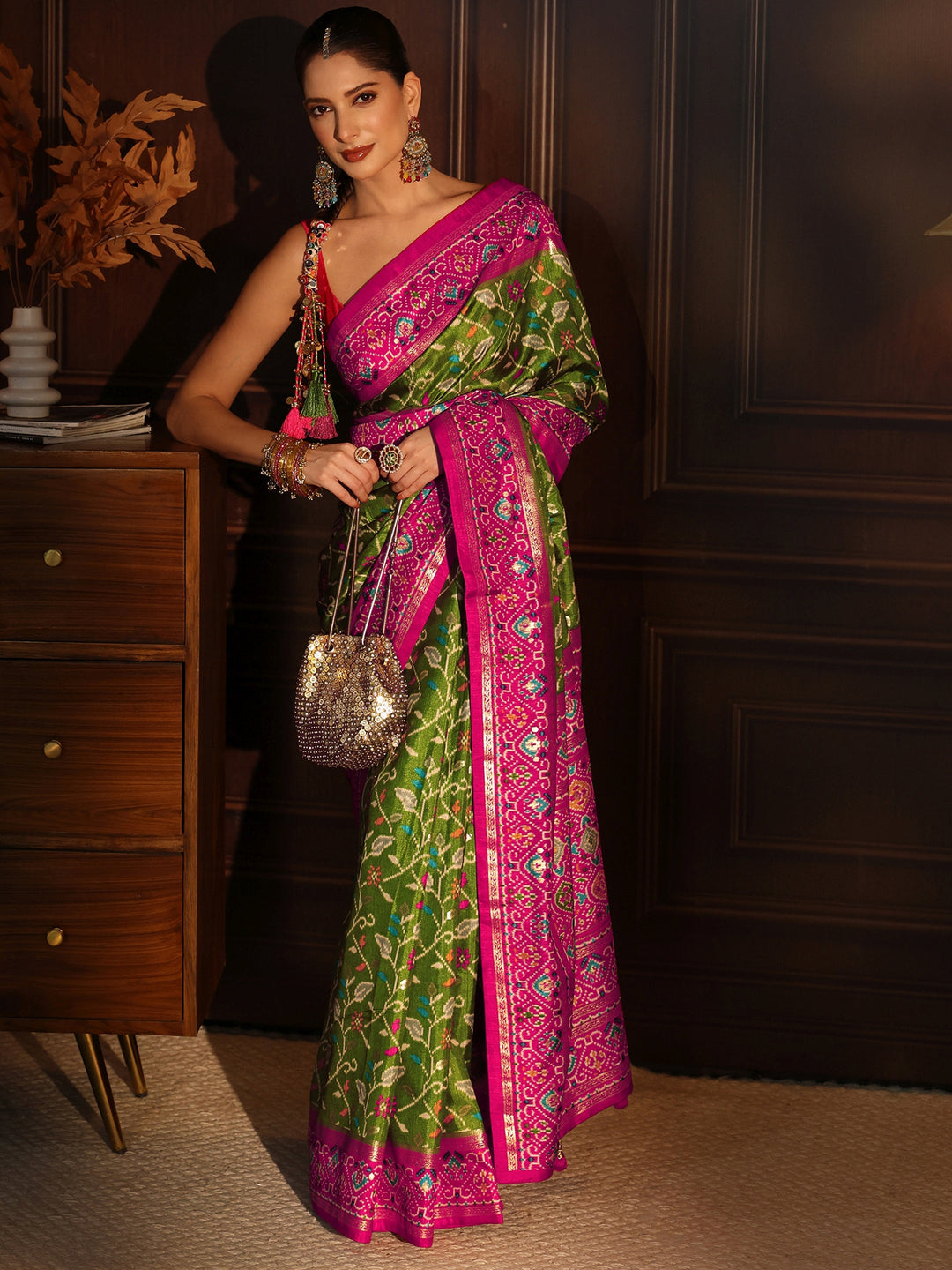 Libas Henna Green and Pink Floral Printed Silk Blend Saree