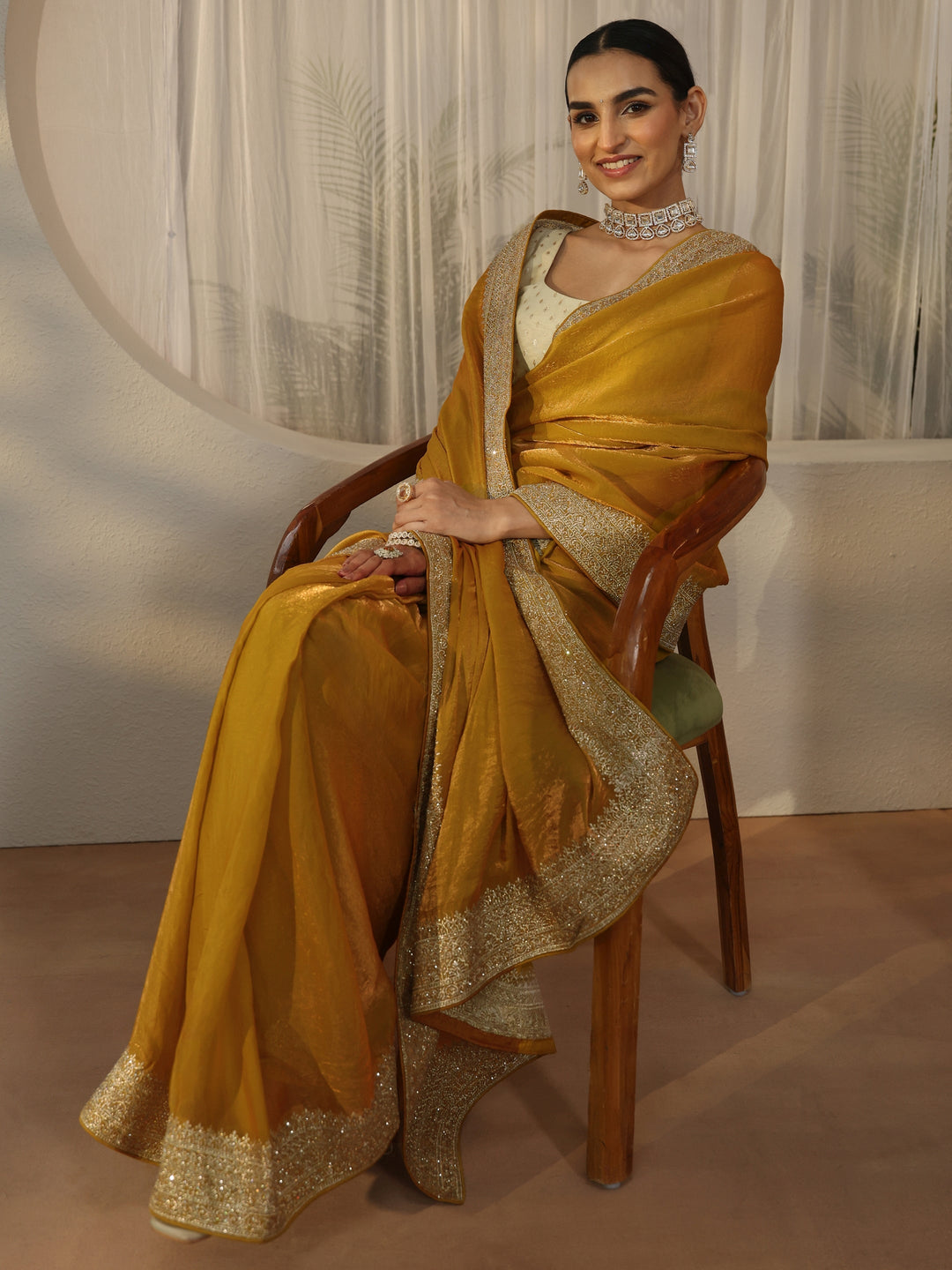 Libas Honey Yellow Tissue Saree with Embellished Border