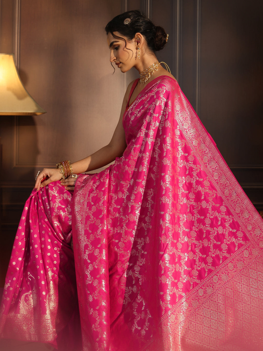 Libas Hot Pink Floral Design Brocade Saree