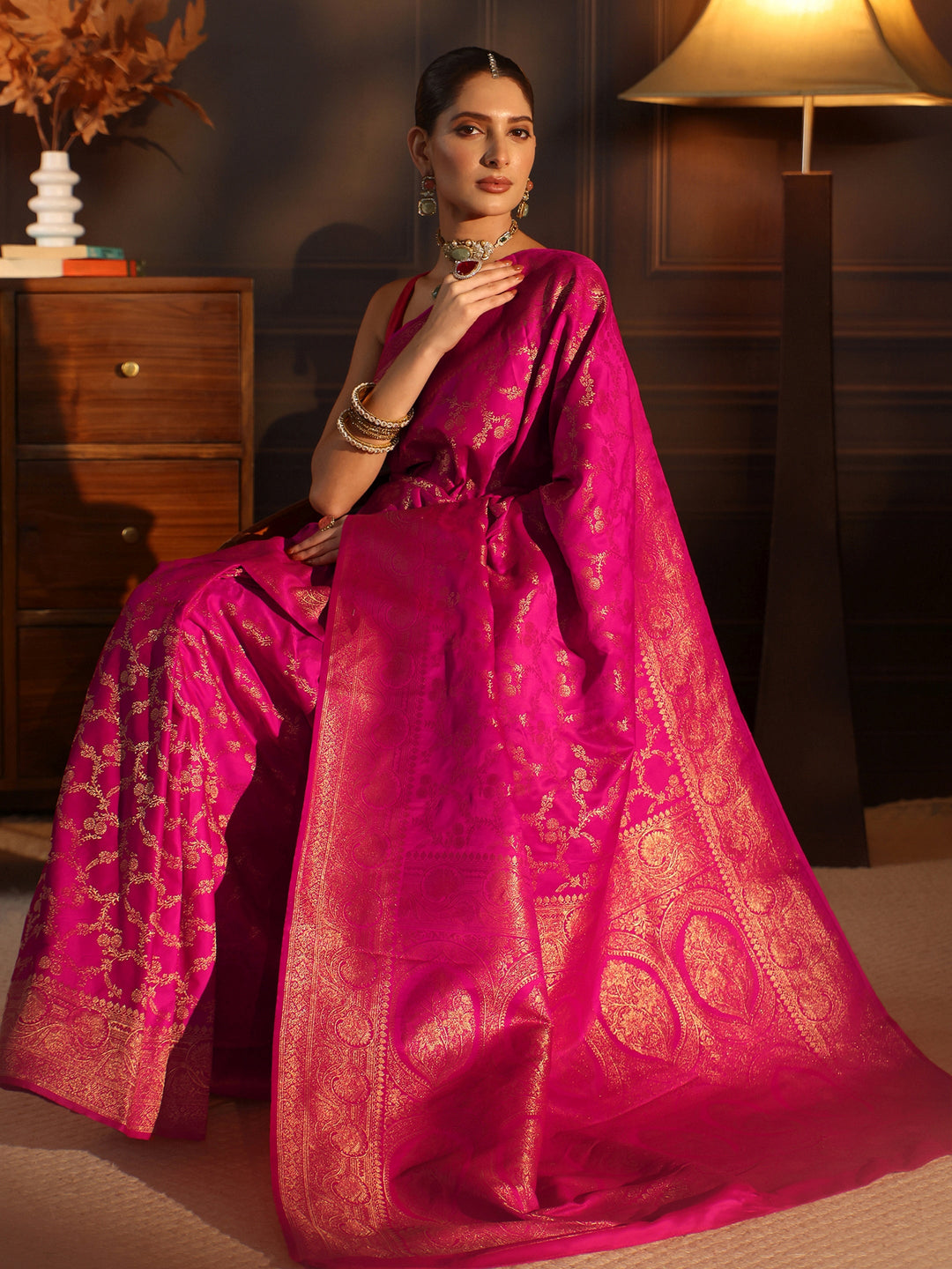 Libas Hot Pink Floral Woven Design Brocade Saree