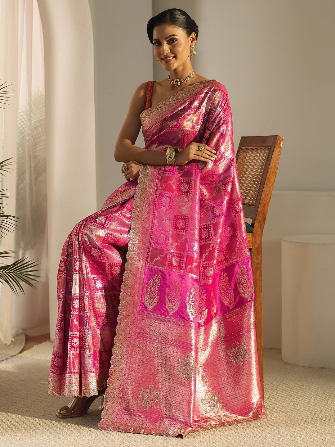 Libas Hot Pink Geometric Woven Design Satin Saree
