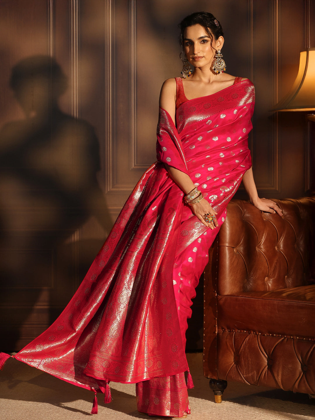 Libas Hot Pink Paisley Woven Design Silk Blend Saree
