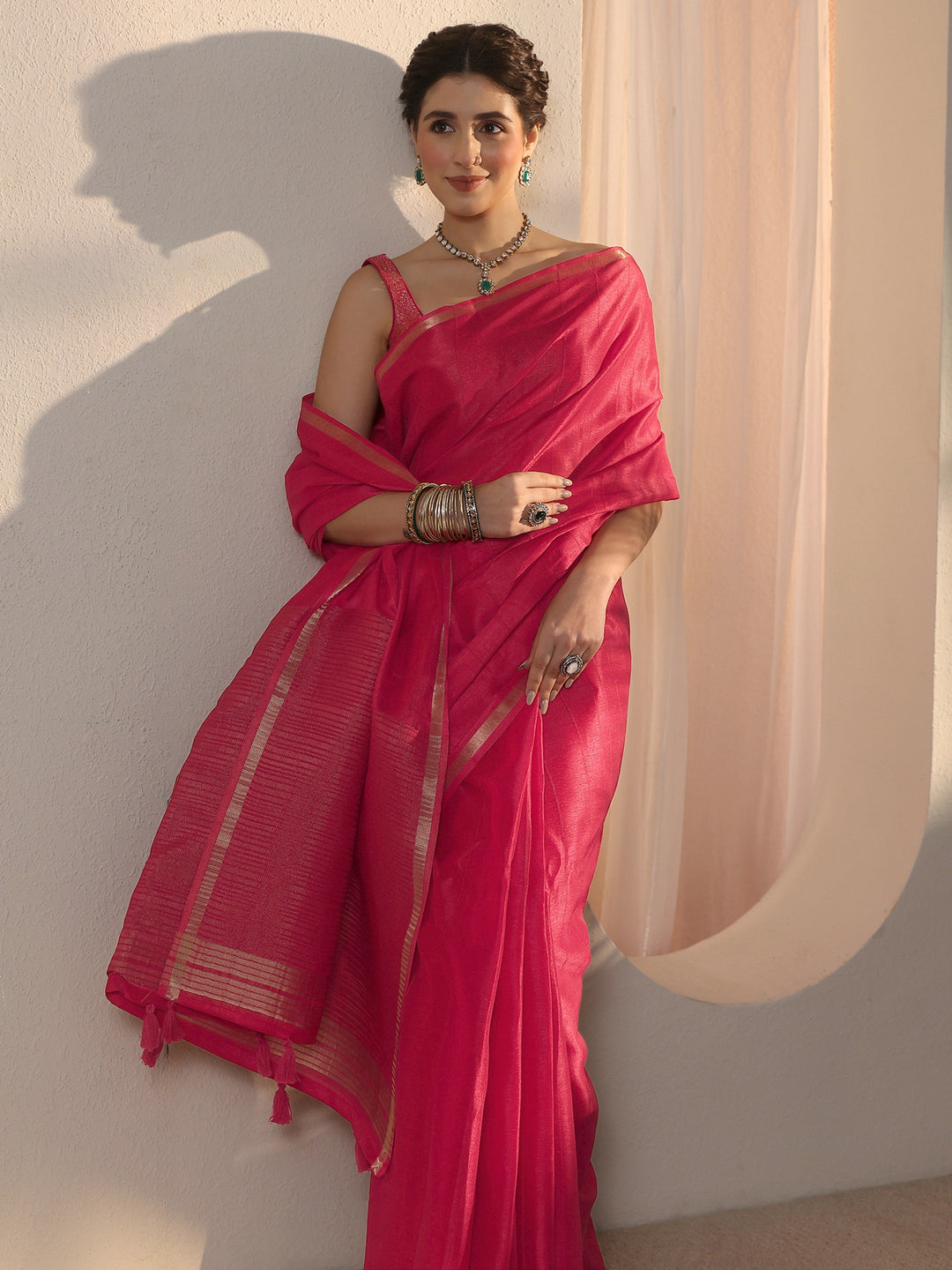 Libas Hot Pink Woven Border Silk Blend Tassel Saree