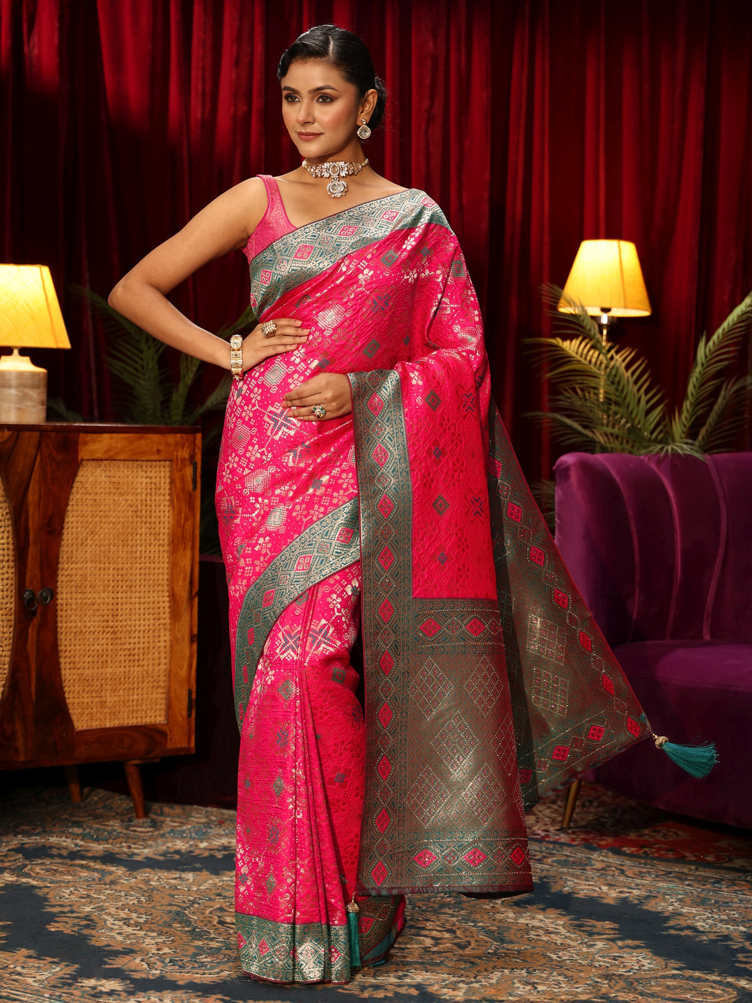 Libas Hot Pink Woven Design Embellished Silk Blend Patola Saree