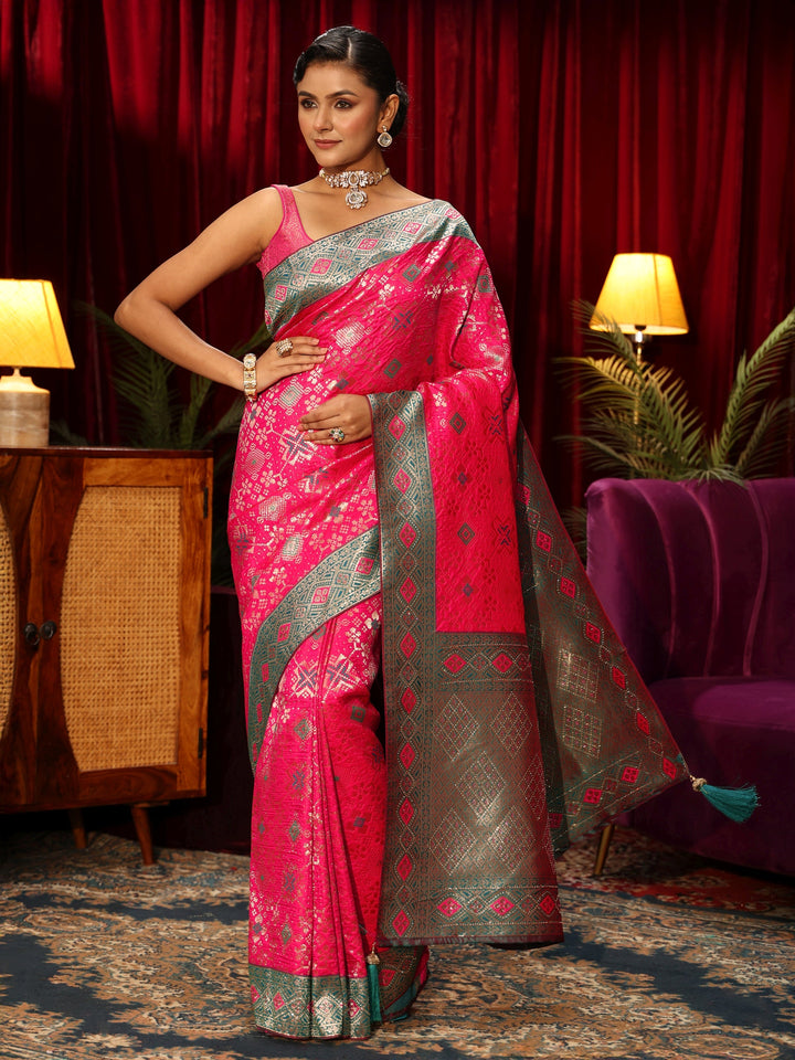 Libas Hot Pink Woven Design Embellished Silk Blend Patola Saree