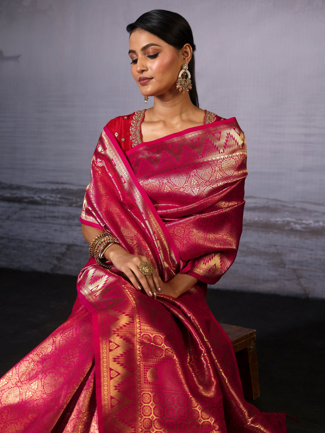 Libas Hot Pink Woven Design Silk Blend Saree