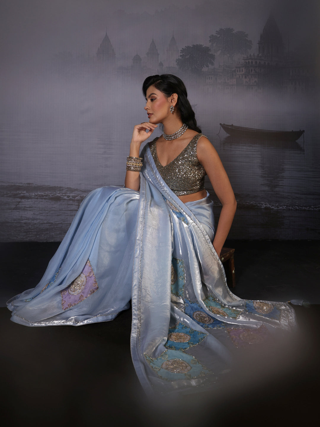 Libas Ice Blue Applique Embellished Tissue Saree