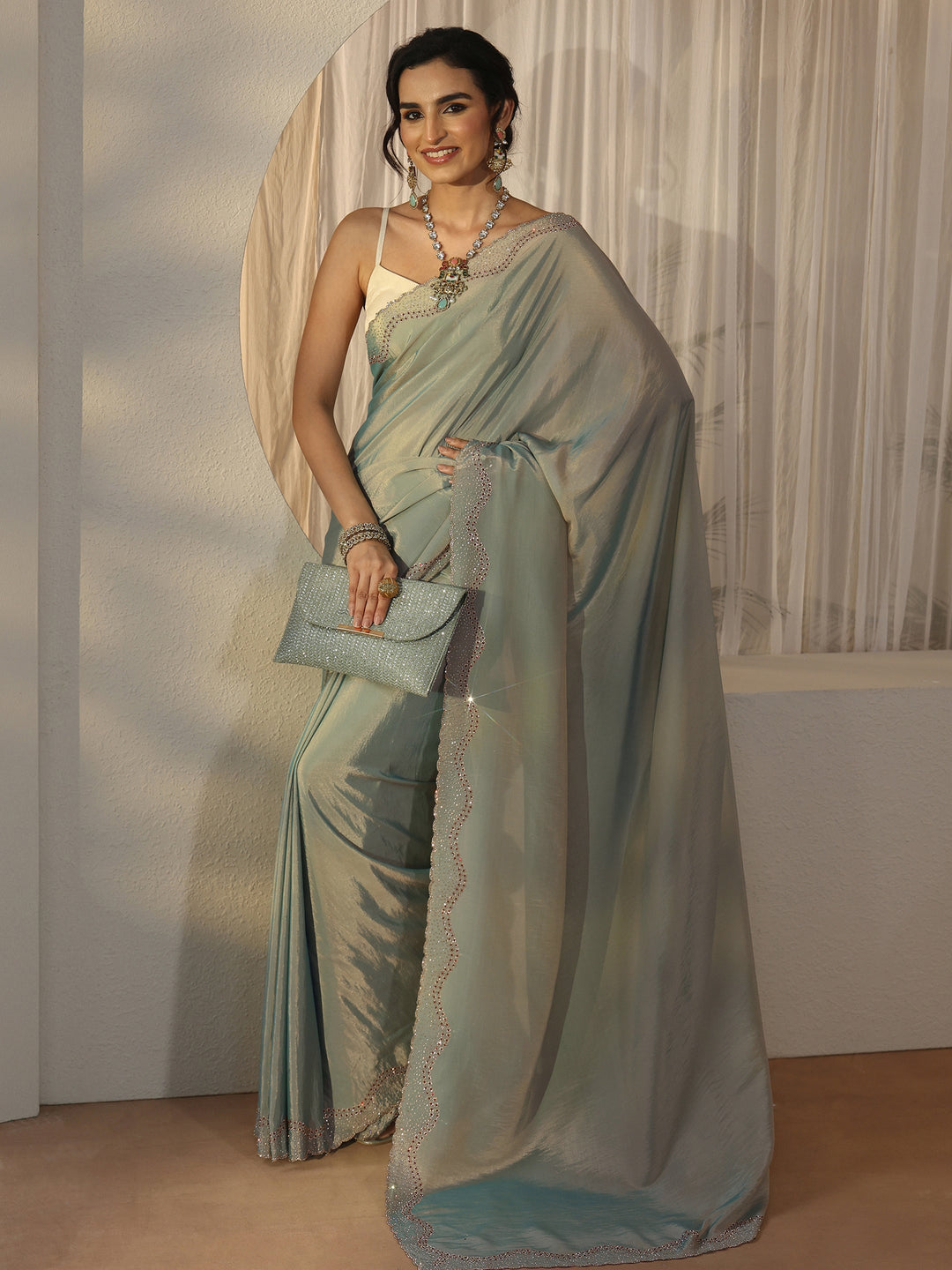 Libas Ice Blue Embellished Satin Saree with Scalloped Border