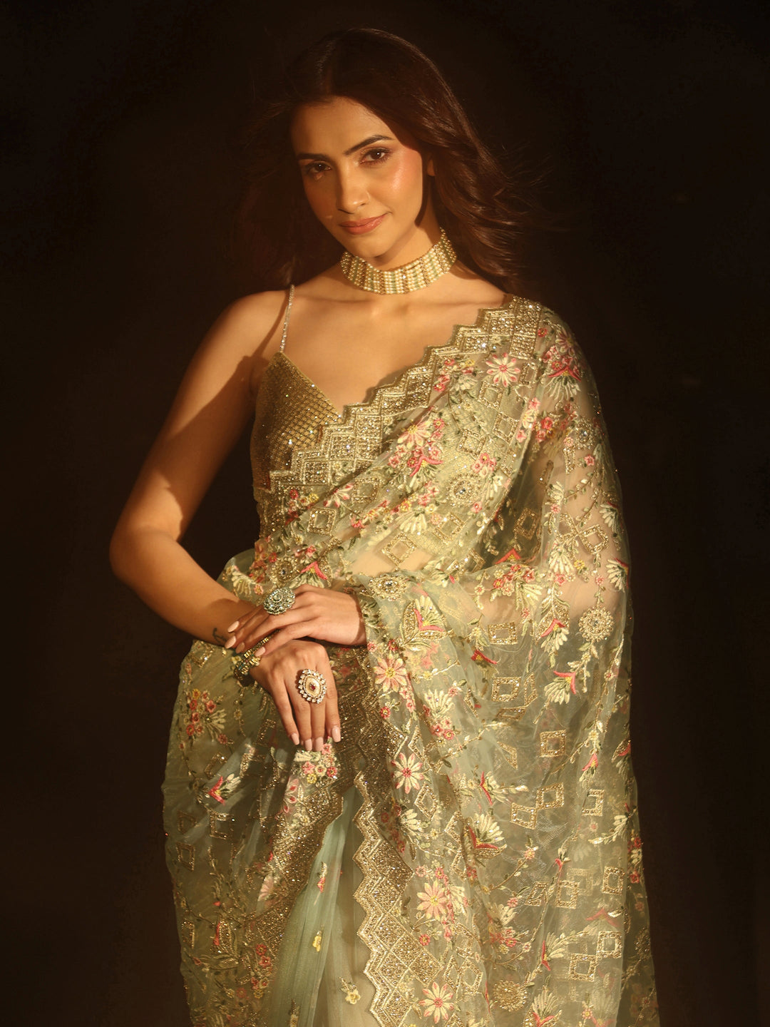 Libas Ice Blue Floral Embellished Net Saree