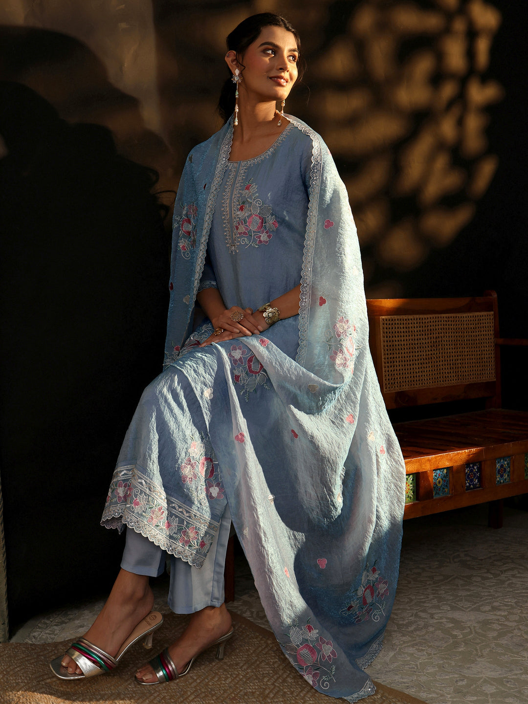 Libas Ice Blue Floral Embroidered Organza Straight Suit Set