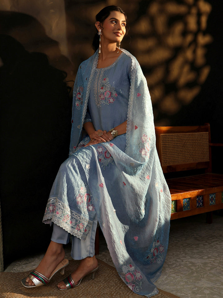 Libas Ice Blue Floral Embroidered Organza Straight Suit Set