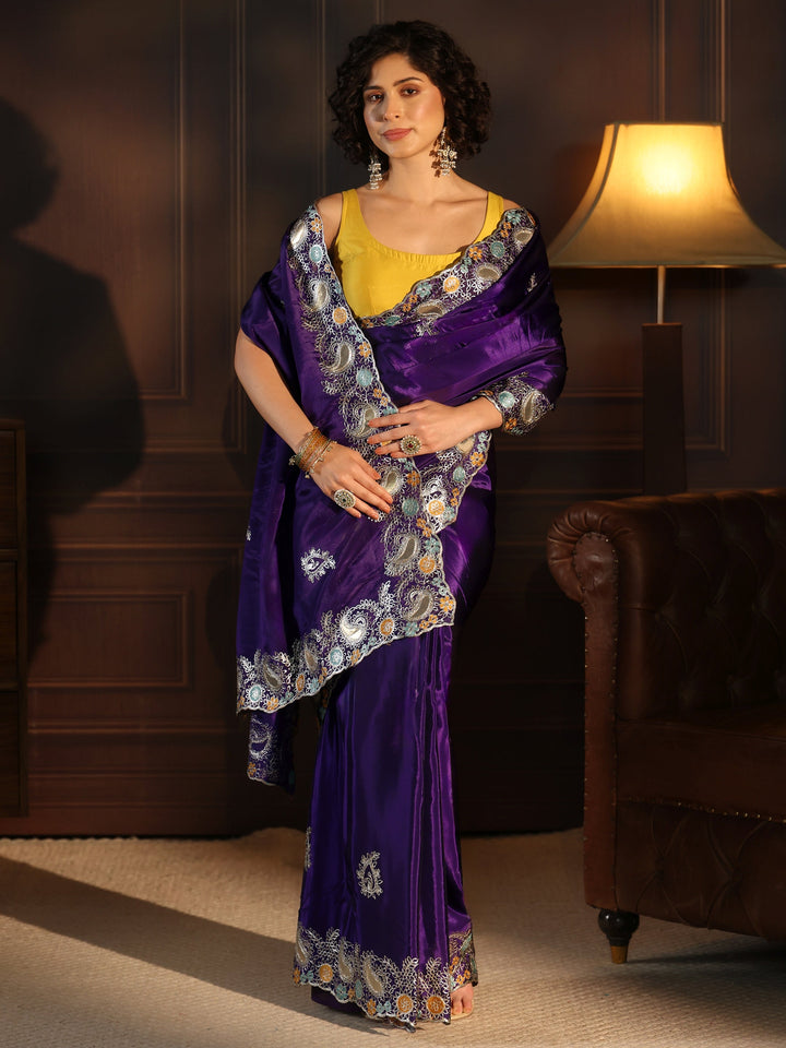 Libas Imperial Purple Embroidered Satin Saree with Paisley Border