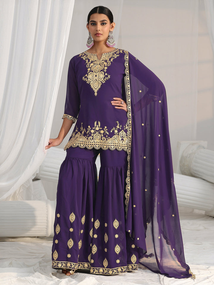 Libas Imperial Purple Ethnic Embroidered Sharara Suit Set