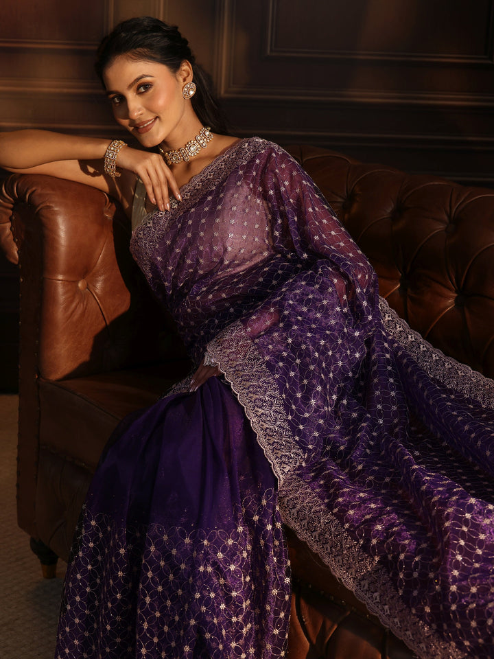Libas Imperial Purple Floral Embroidered Net Saree