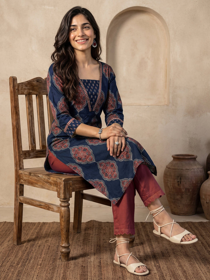 Libas Indigo Blue Ajrakh Printed Cotton Straight Kurta
