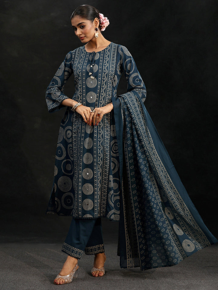 Libas Indigo Blue Bandhani Cotton Straight Suit Set