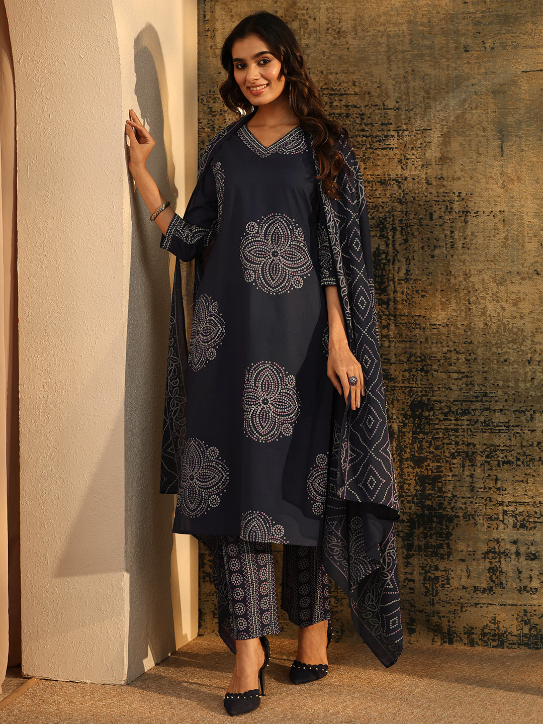 Libas Indigo Blue Bandhani Printed Cotton Straight Suit Set
