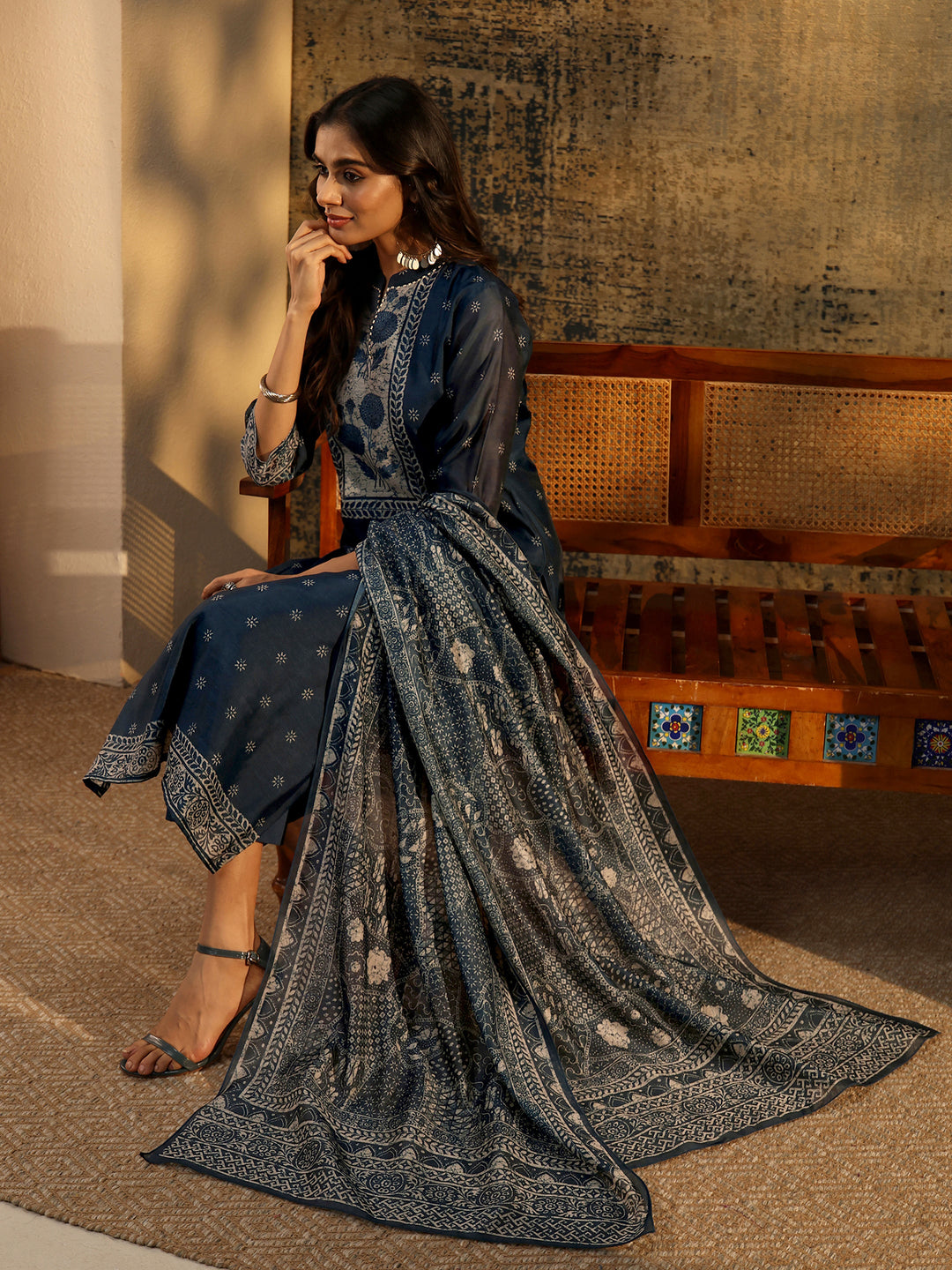 Libas Indigo Blue Floral Printed Chanderi Silk Straight Suit Set