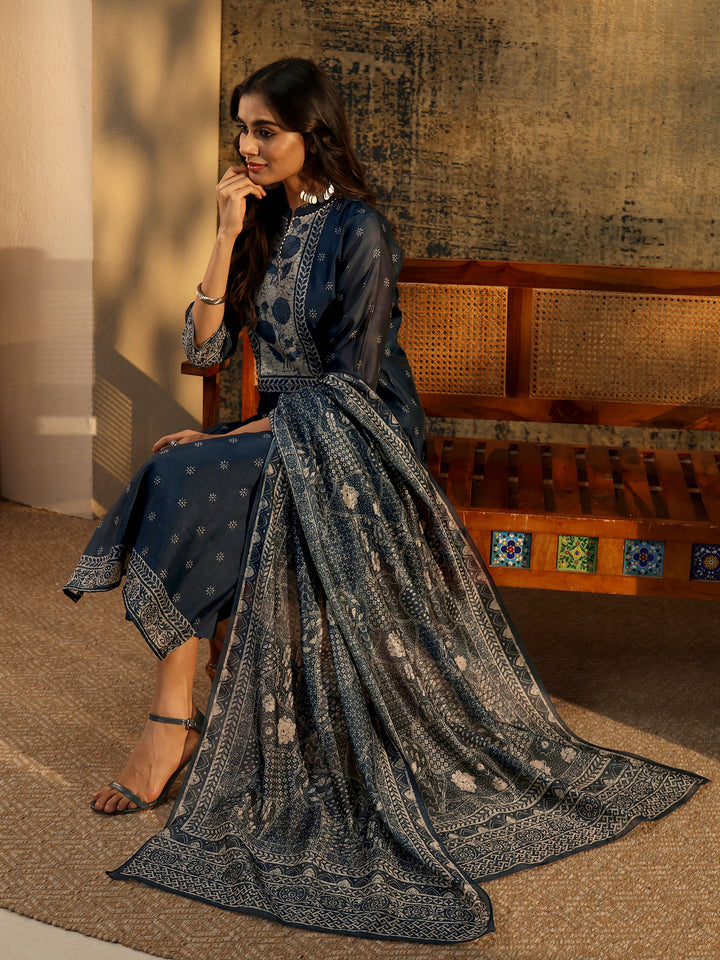 Libas Indigo Blue Floral Printed Chanderi Silk Straight Suit Set