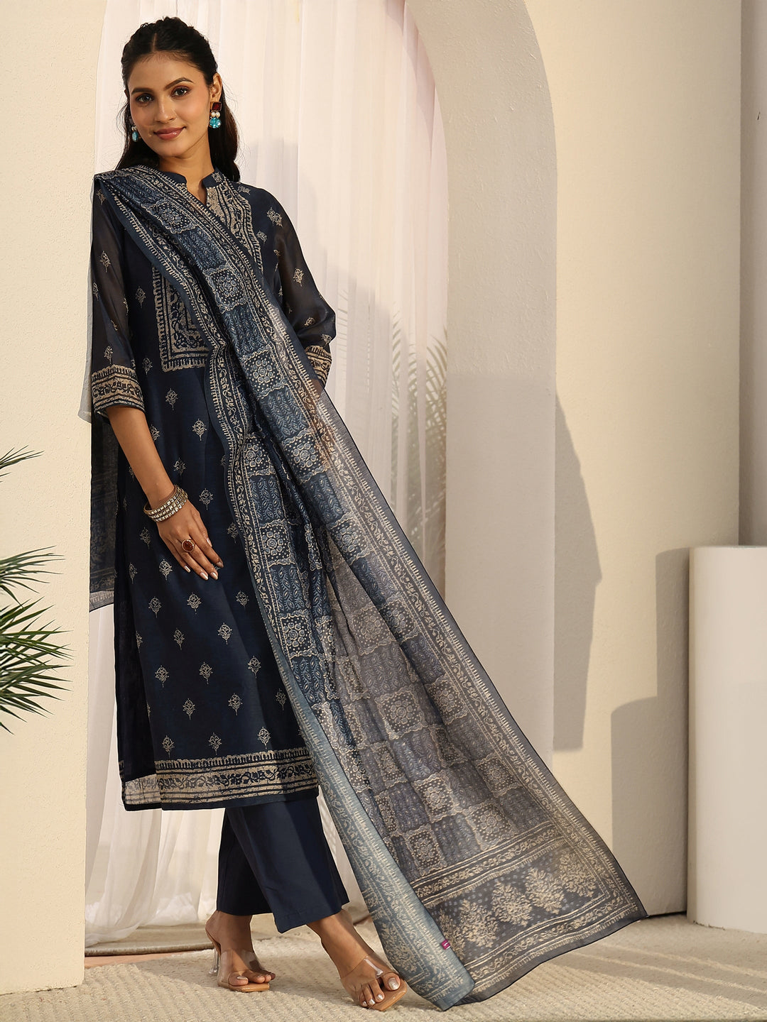 Libas Indigo Blue Printed Chanderi Silk Straight Suit Set
