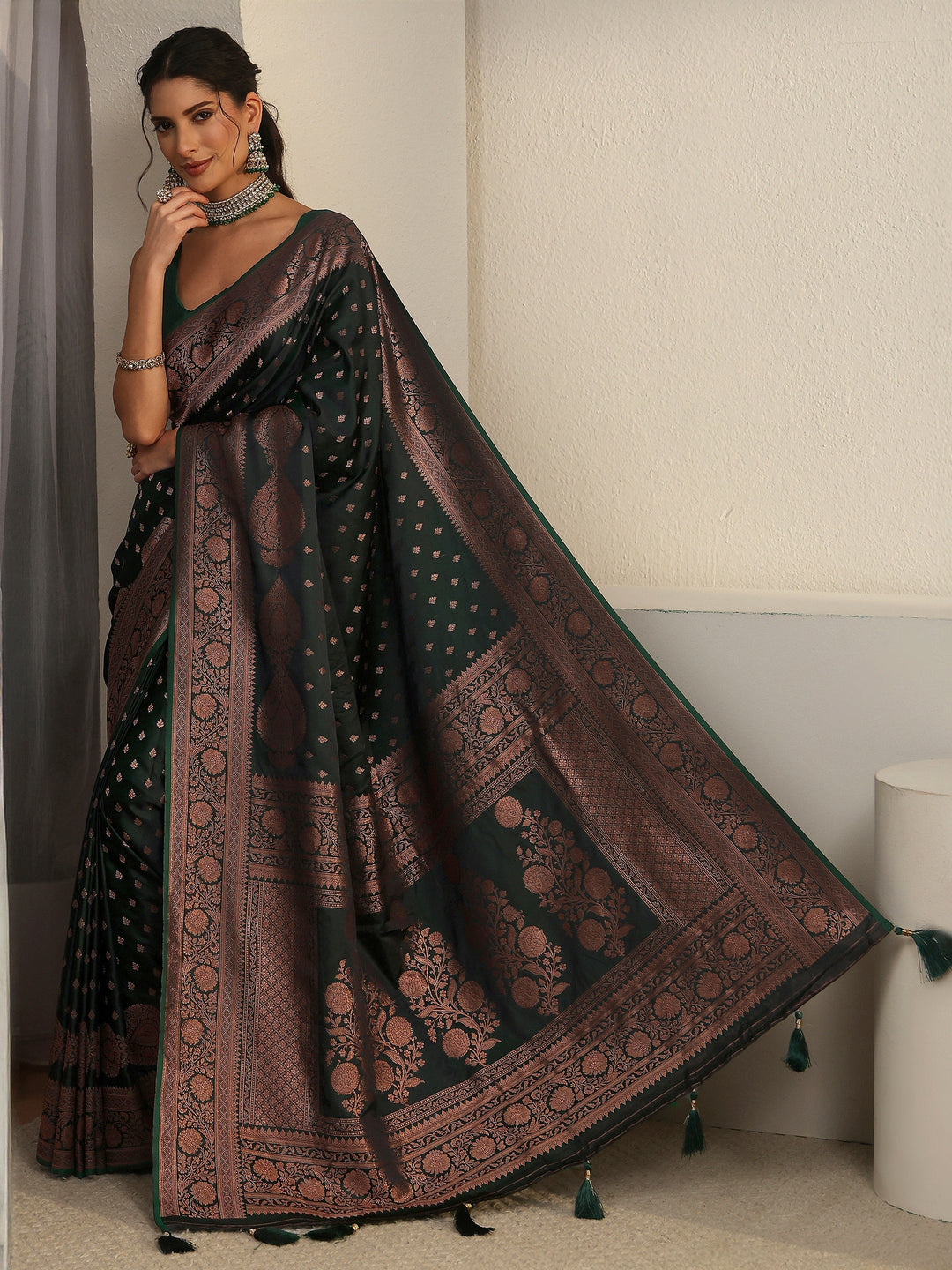 Libas Jungle Green Banarasi Satin Saree