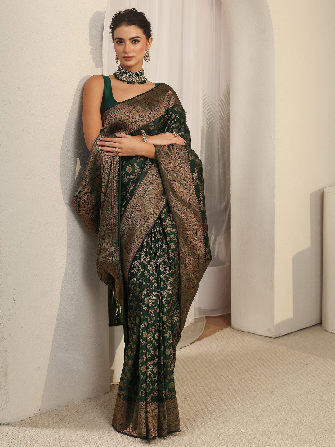 Libas Jungle Green Floral Banarasi Silk Blend Saree
