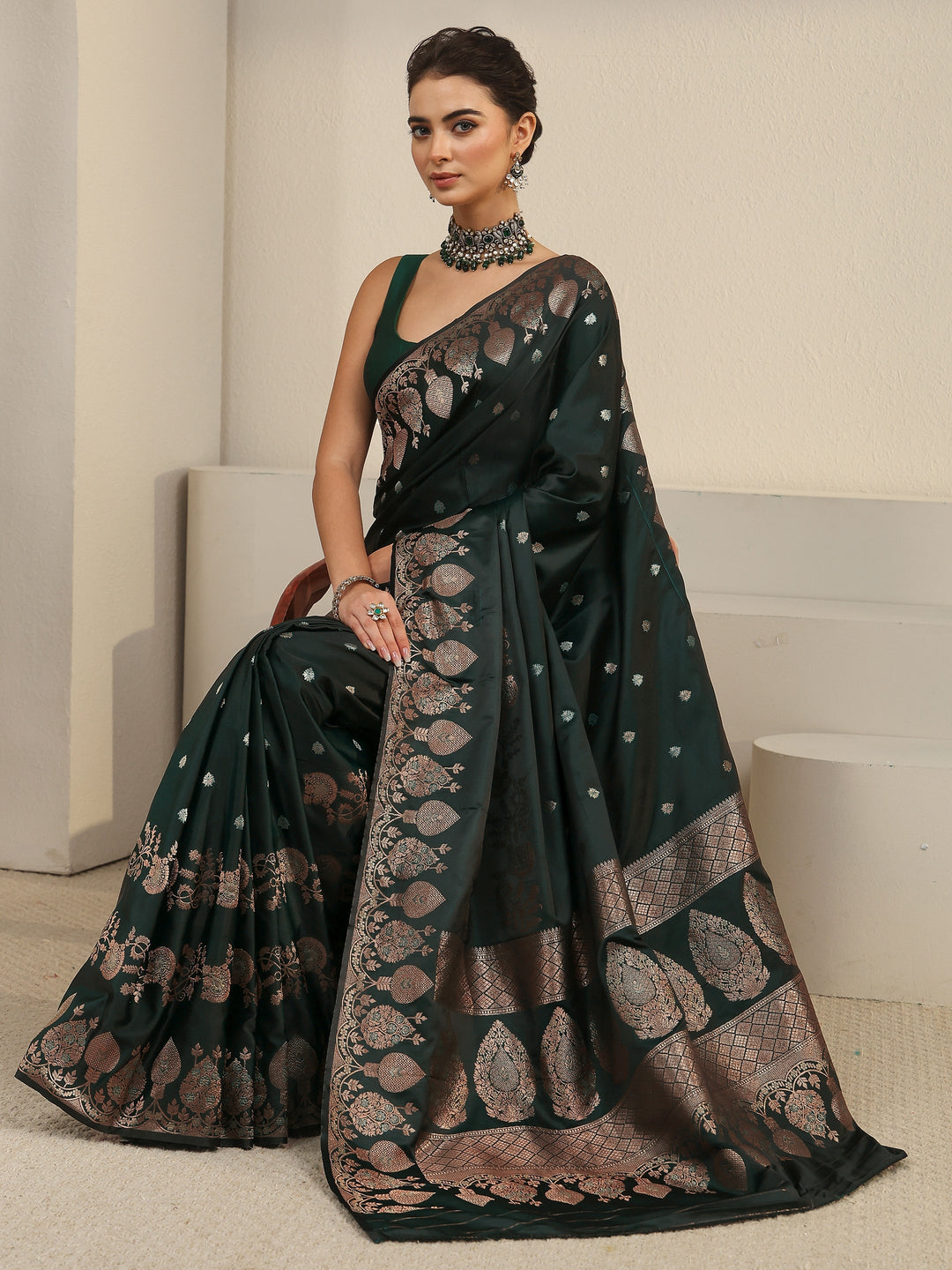 Libas Jungle Green Woven Design Banarasi Satin Saree