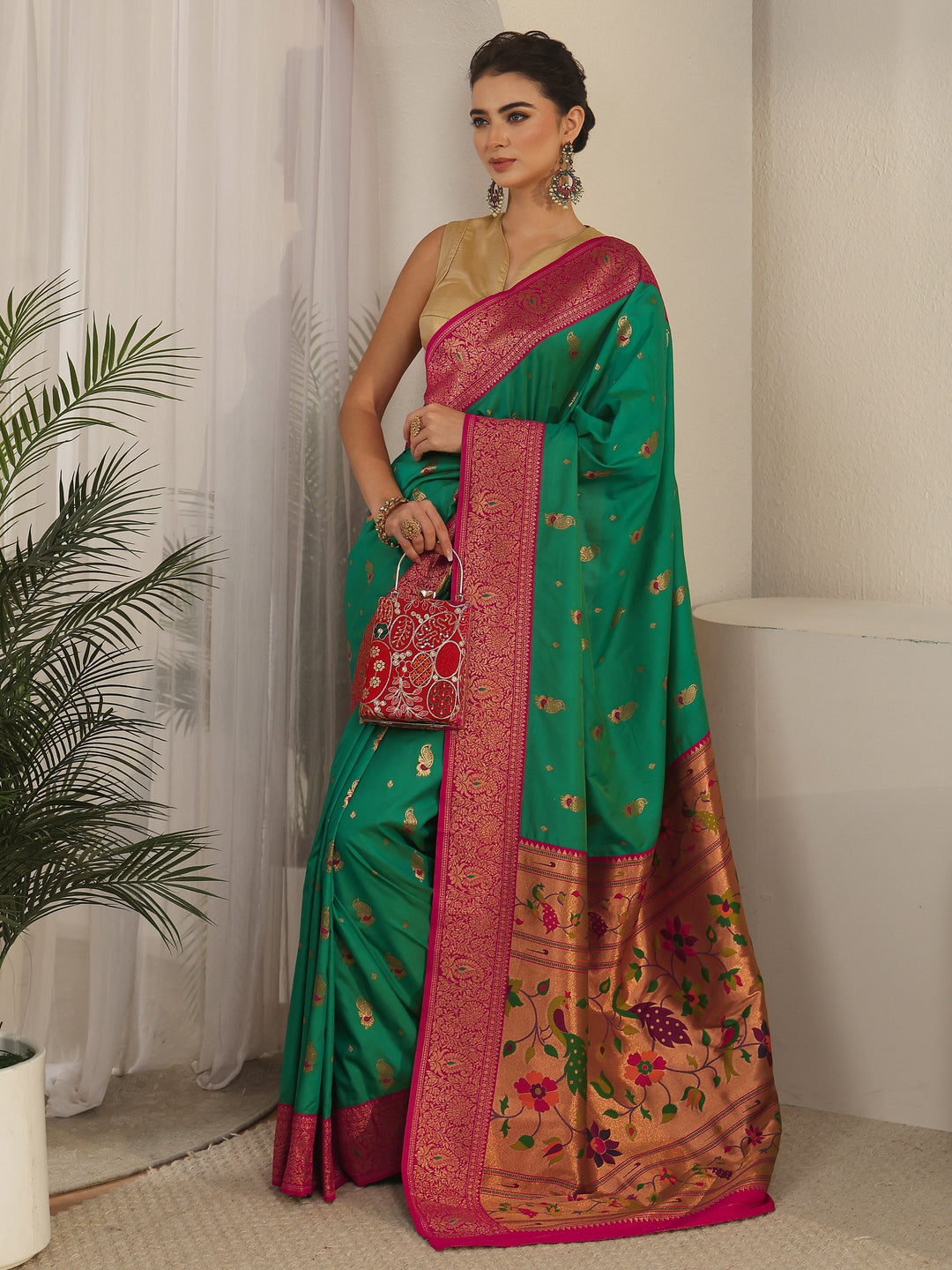 Libas Kelly Green and Pink Silk Blend Paithani Saree