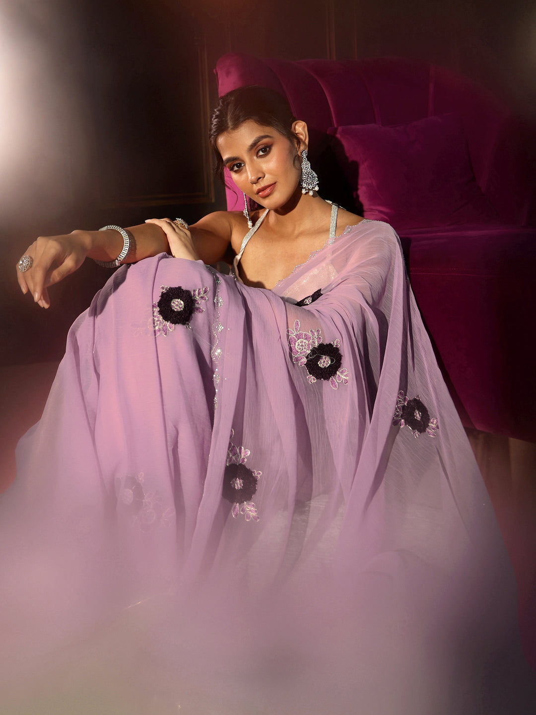 Libas Lavender Chiffon Saree with Embellished Floral Motifs