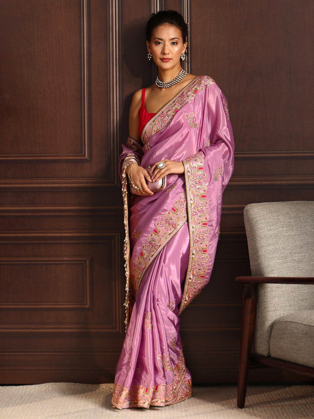 Libas Lavender Elephant Motif Embroidered Satin Saree with Embellishments