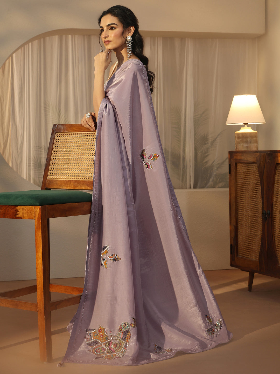 Libas Lavender Embellished Satin Saree with Applique Design