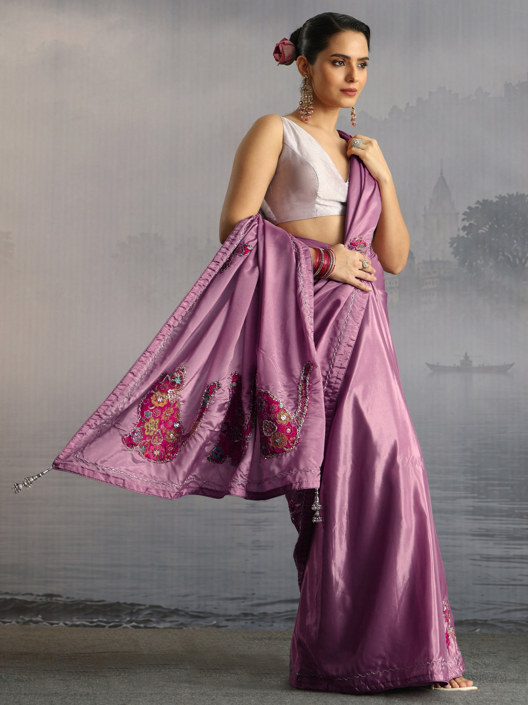 Libas Lavender Embellished Satin Saree with Applique Work