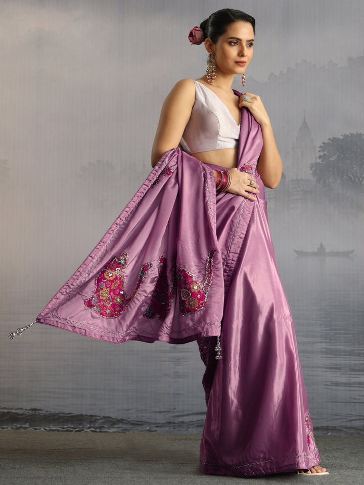 Libas Lavender Embellished Satin Saree with Applique Work