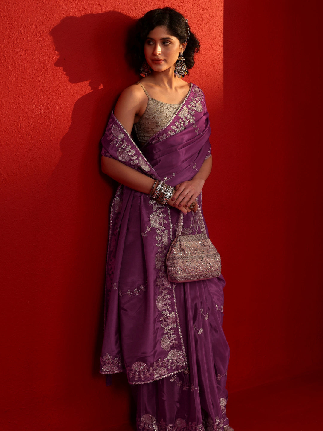 Libas Lavender Embroidered Sequinned Satin Saree